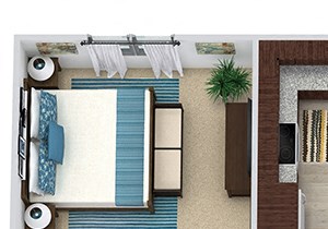 McNelly 3D 3D McNelly 2 Bedroom floorplan with hall closet, L-shaped kitchen with island, pantry cabinet, open to living, 2 baths - one with tub - one with shower, walk-in closets, in-unit washer/dryer. Balcony